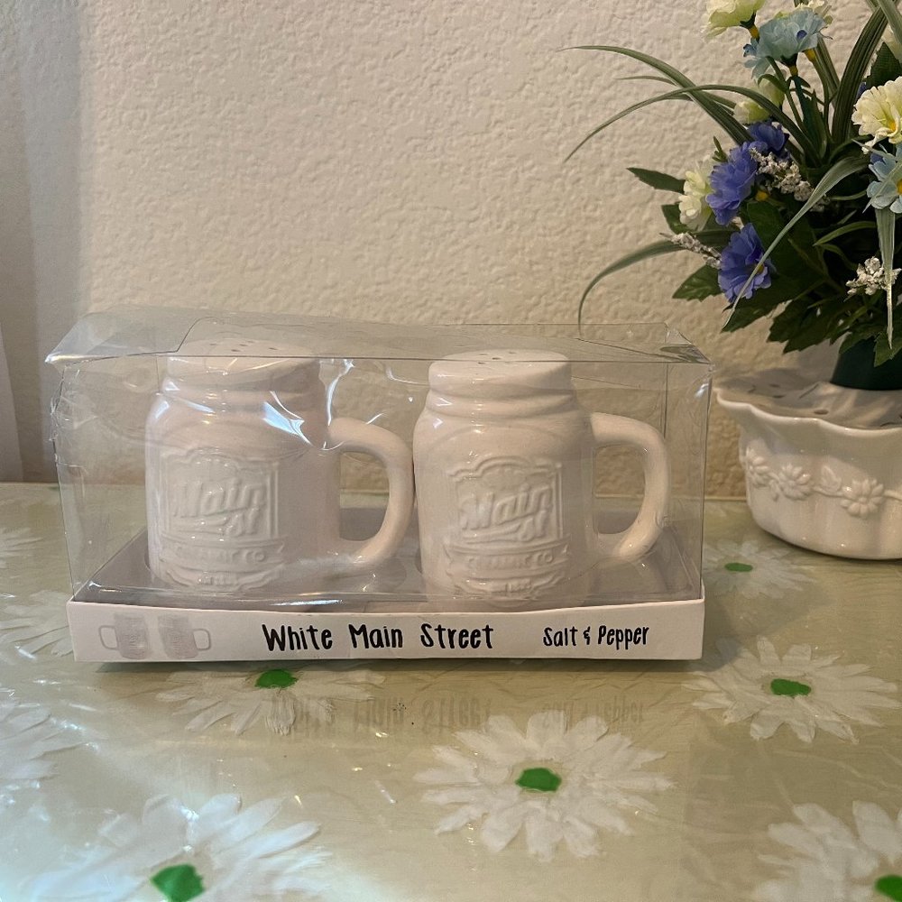 Brand New, White  Main Street Salt & Pepper Shakers Set